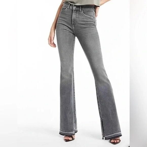 Express High Waisted Gray Side Slit Raw Released Hem Flare stretch Jeans size 10 - Picture 2 of 7